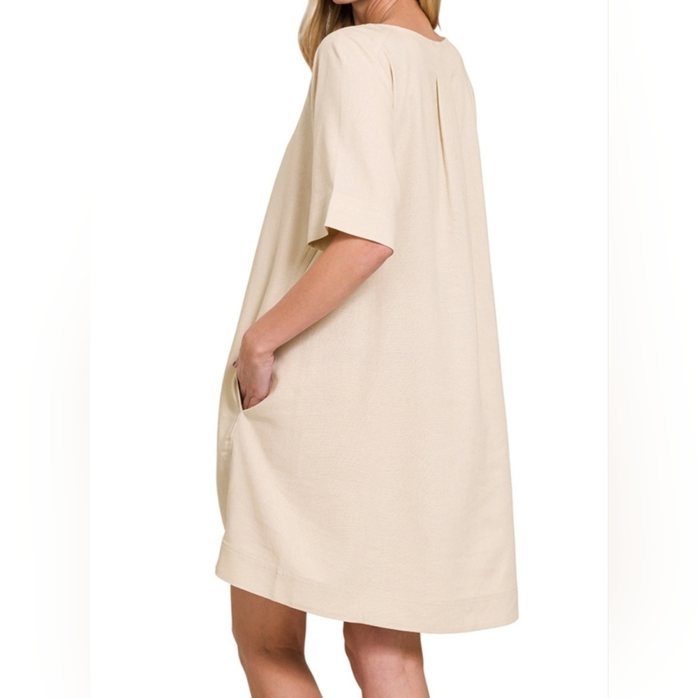 #647 🛑S Oversize Linen Blend Short Sleeve Dress w/ Side Pockets - Picture 3 of 3